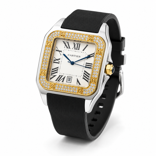 Two Tone White Iced Tank Silicon Cartier Watch