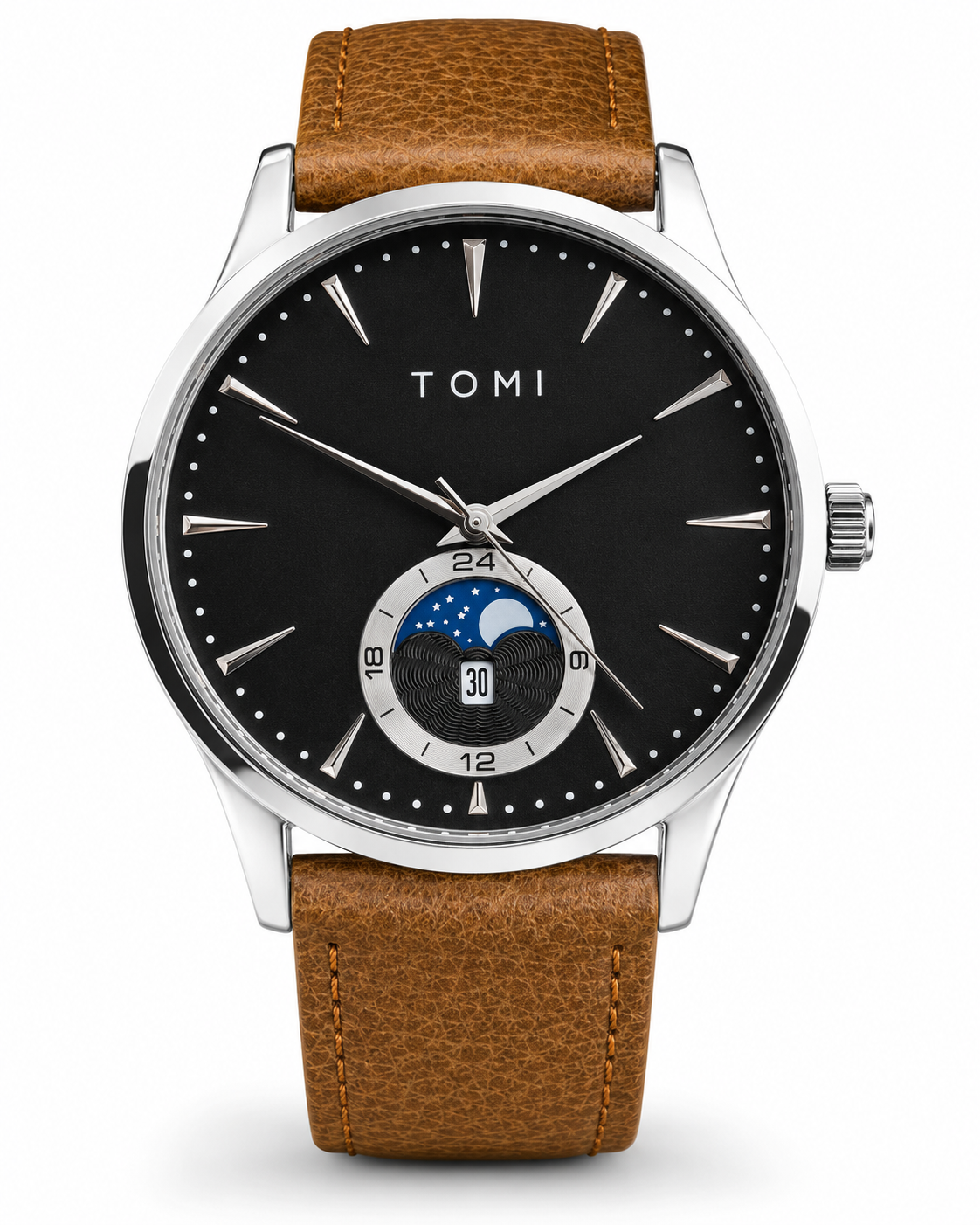 Tomi Brown Silver Leather Magnetic Strap Watch