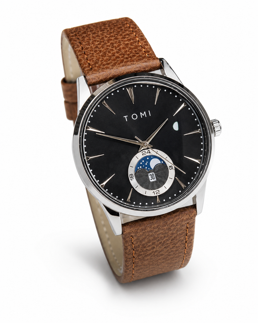 Tomi Brown Silver Leather Magnetic Strap Watch