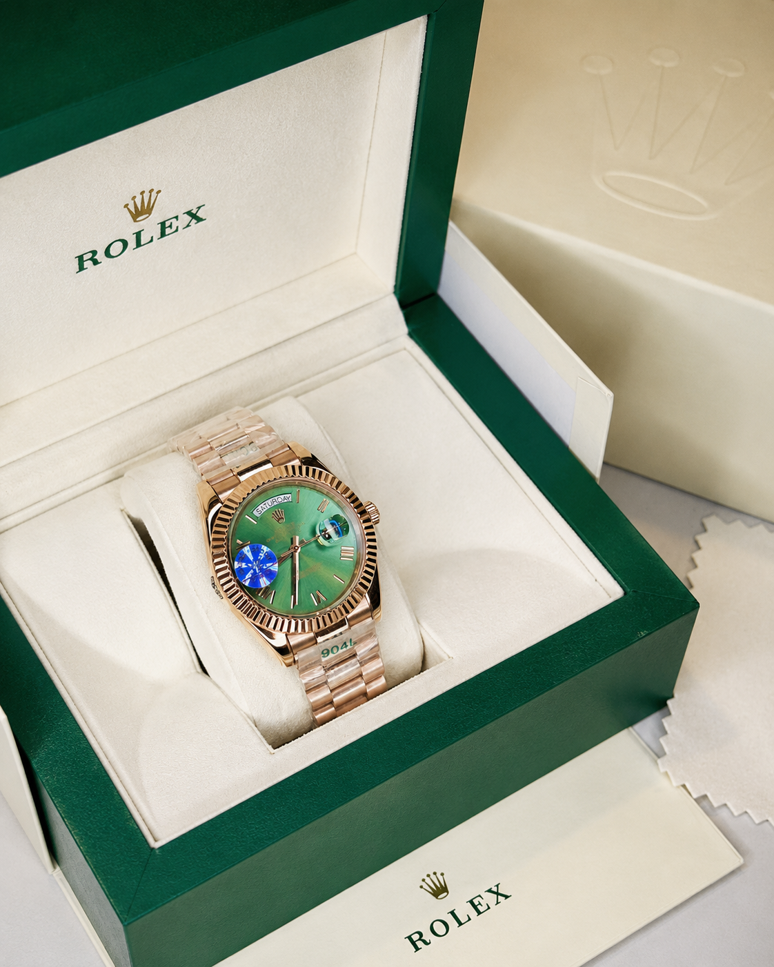 Day Date Rose Gold Emerald Dial Automatic Super Clone Watch