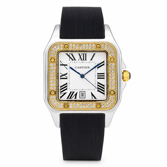 Two Tone White Iced Tank Silicon Cartier Watch