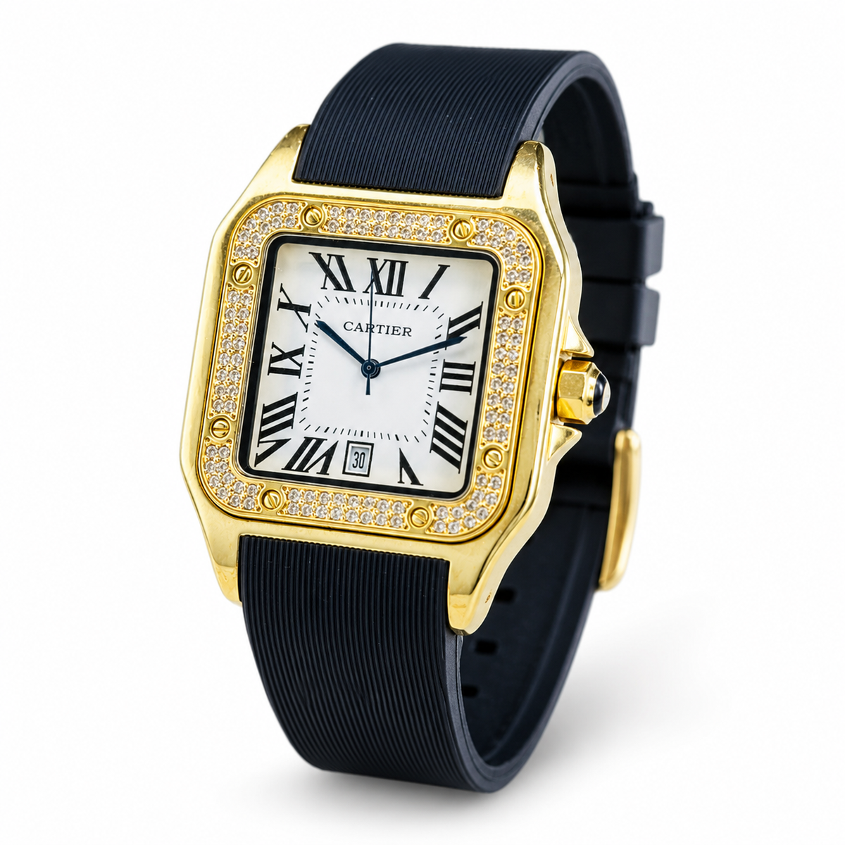 Gold White Iced Tank Silicon Cartier Watch