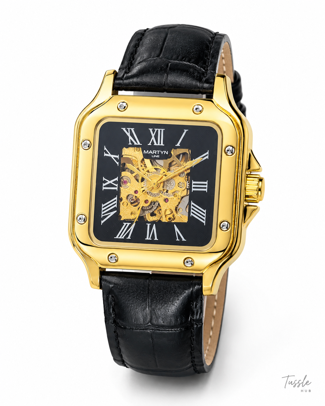 Black Gold White Tank Automatic Skeleton Watch
