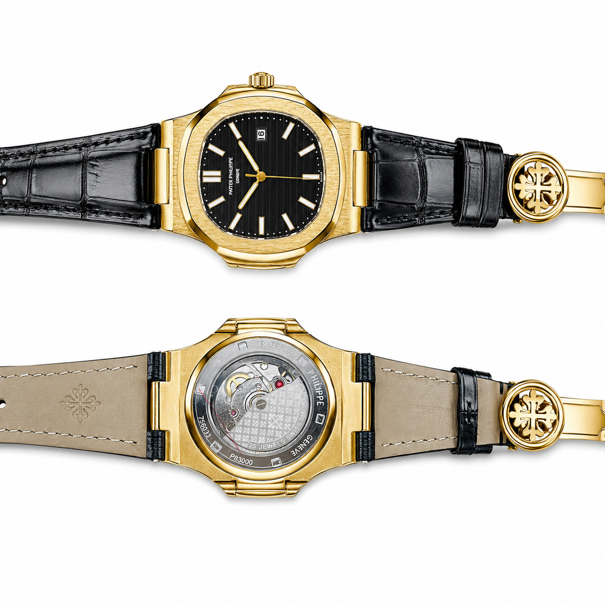 Black Leather Gold Black Dial Nautilus Watch