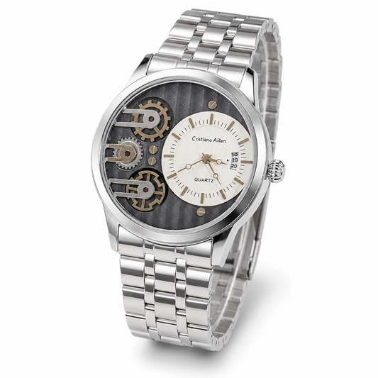 Silver Cristiano Aillen Black White Dial Dual Gear Watch