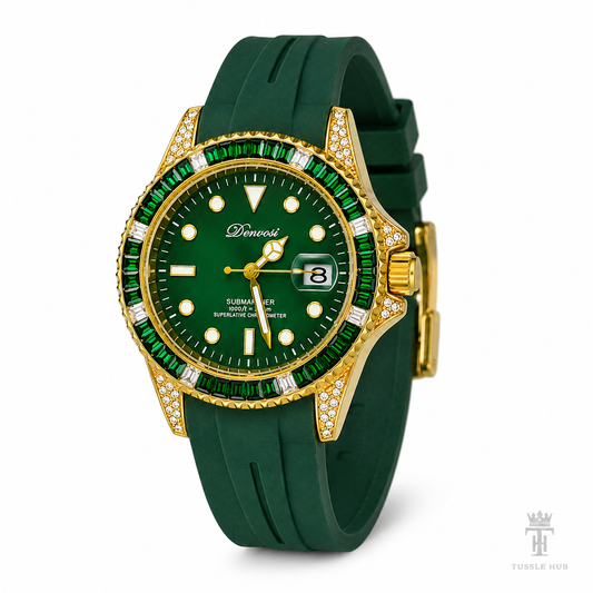 Gold Emerald Gem Stones Bezel Watch
