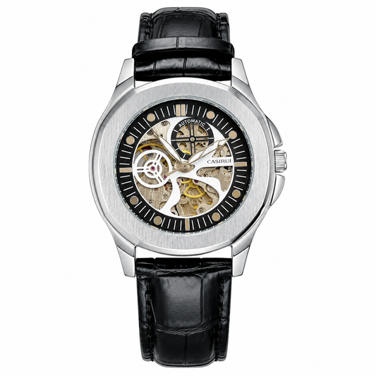 Casirui Black Silver Automatic Skeleton Leather watch