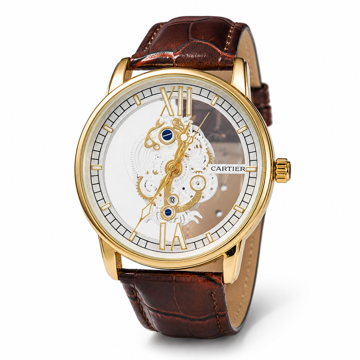 Brown Gold Skeleton Leather Cartier Watch