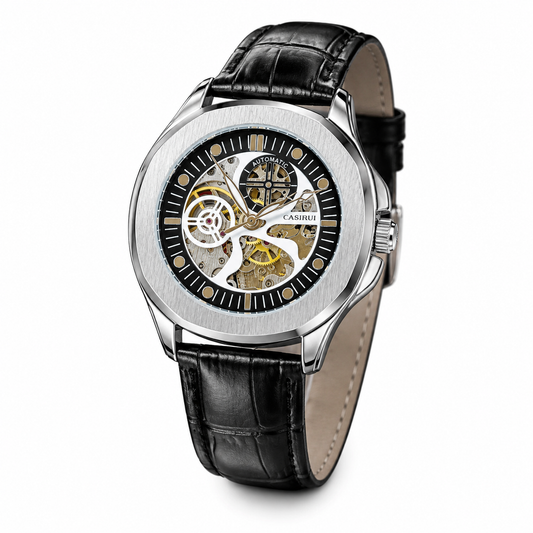 Casirui Black Silver Automatic Skeleton Leather watch