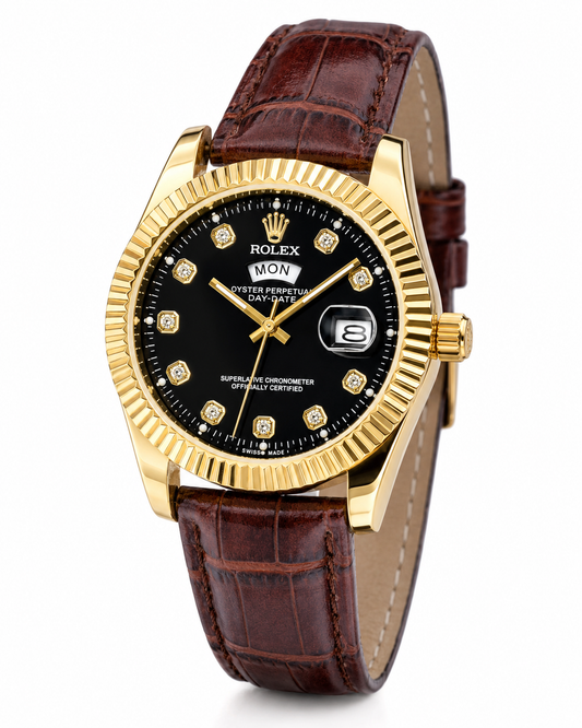 Brown Gold Black Day Date Leather Rolex Watch
