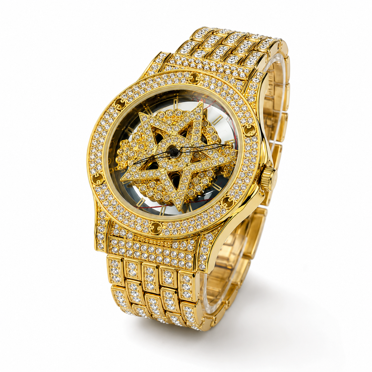 Gold Iced Out Spinner Star Dial Watch