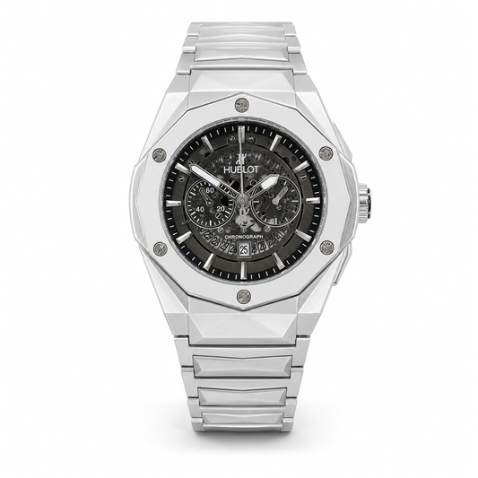 Silver Prism Chain Strapped Black Hologram Dial Hublot Watch