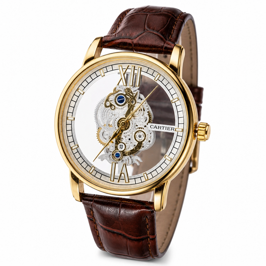 Brown Gold Skeleton Leather Cartier Watch
