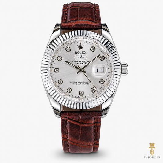 Brown Silver White Day Date Leather Rolex Watch