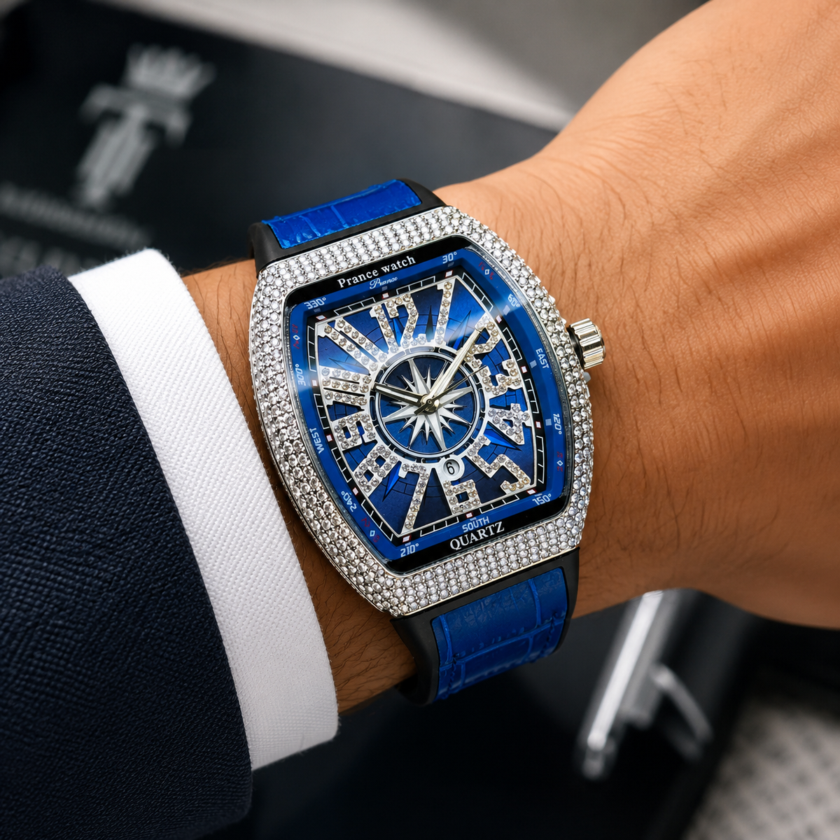 Blue Silver Iced Frank Muller Watch