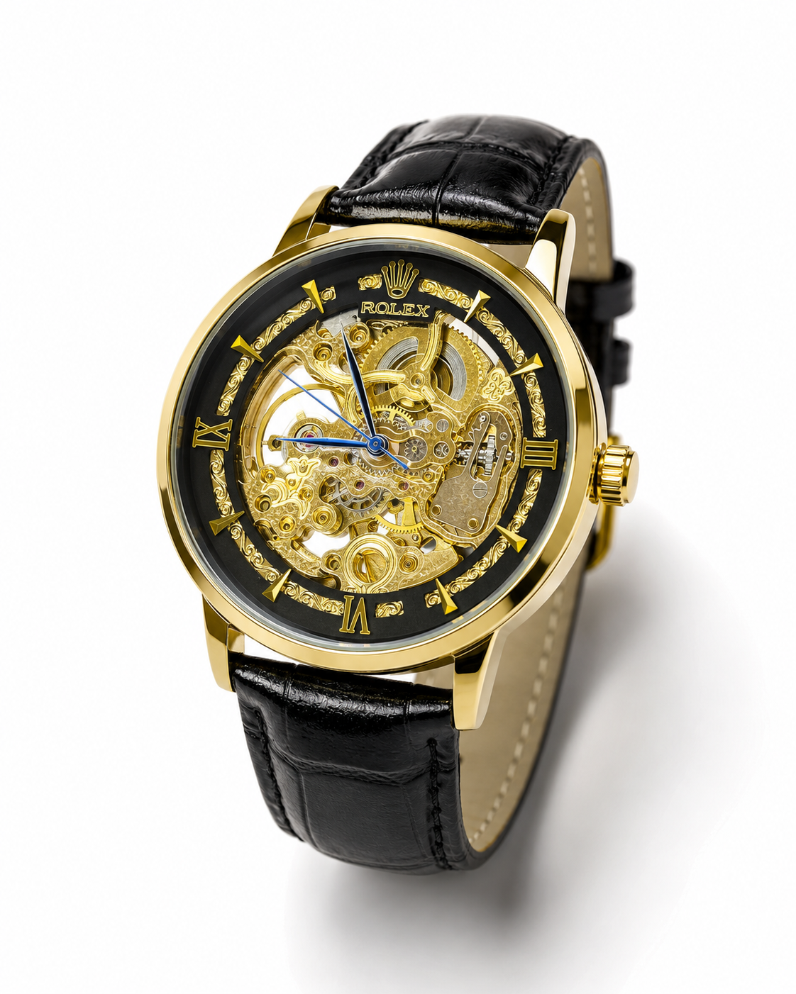 Leather Rol*x Black Gold  Black Automatic Skeleton Watch