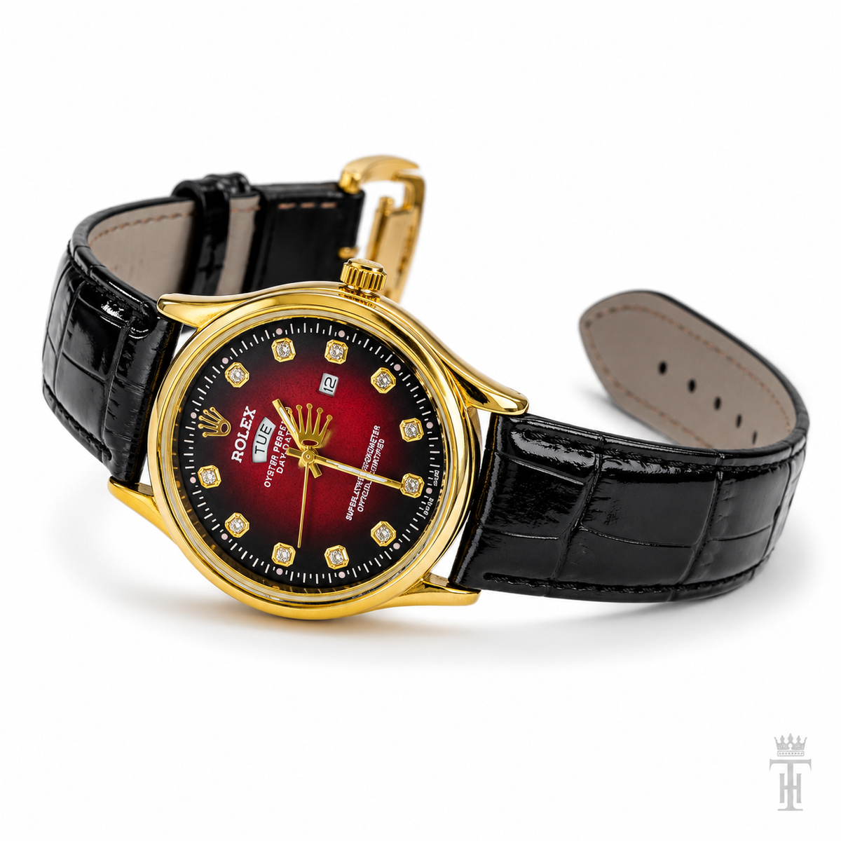 Black Gold Red Round Leather Rolex Watch