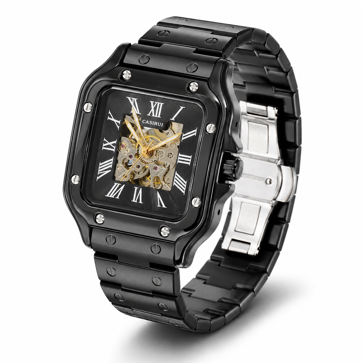 Black Chain Tank Automatic Skeleton Watch