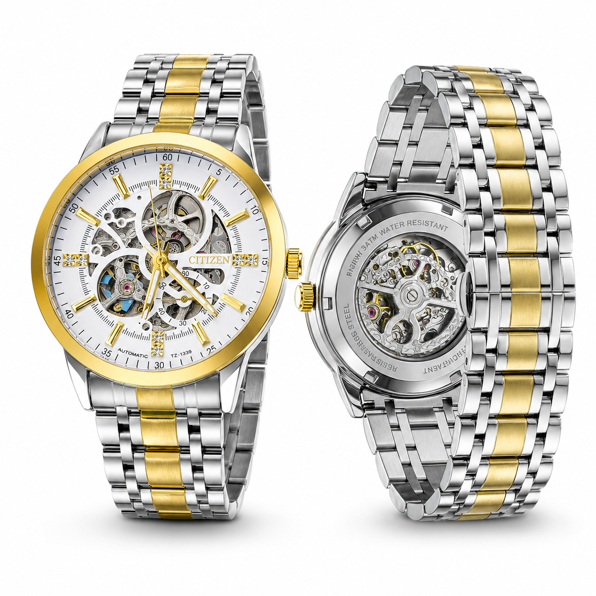 Two Tone White Citizen Skeleton Automatic Watch