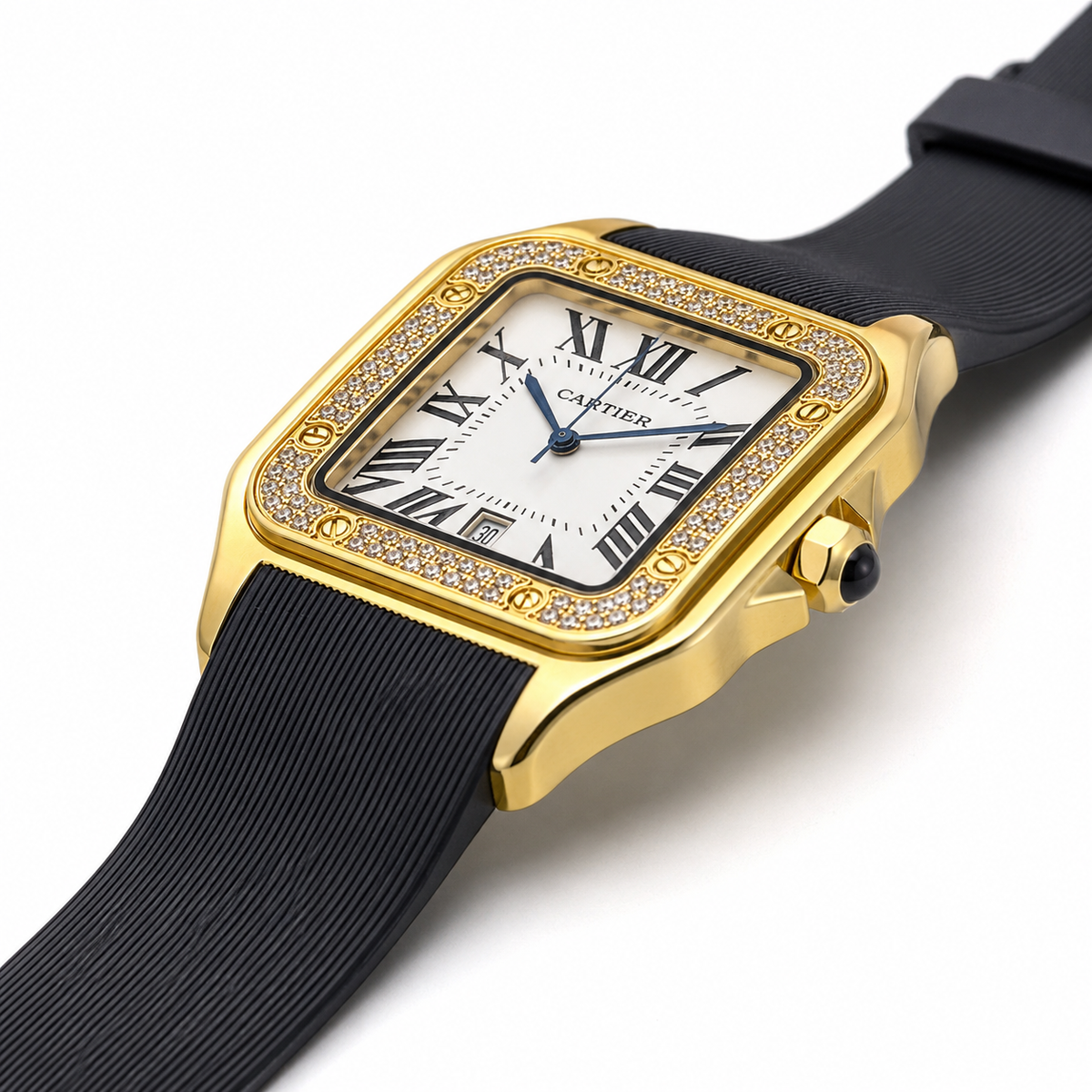 Gold White Iced Tank Silicon Cartier Watch