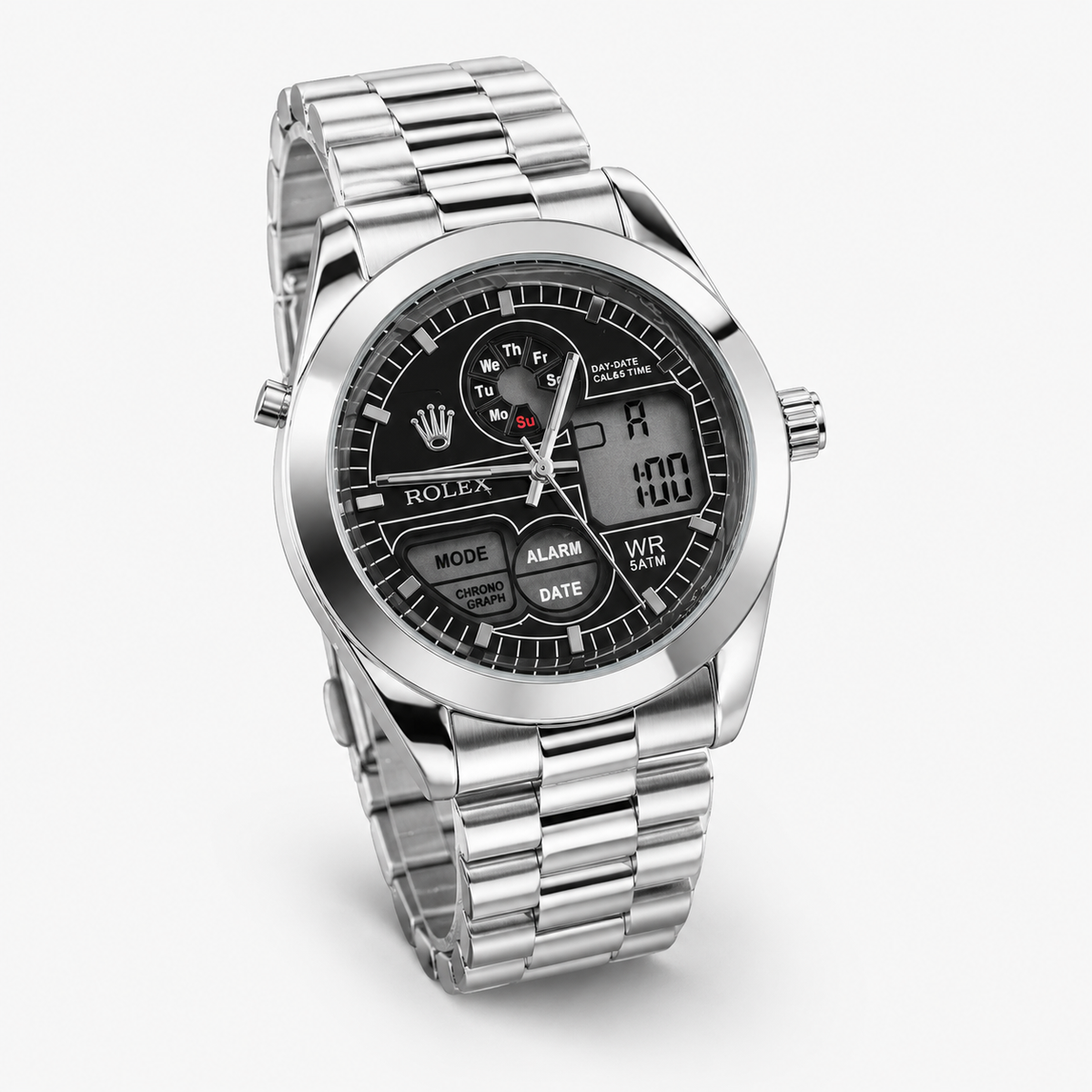 Premium Dual Time Silver Black Dial Watch
