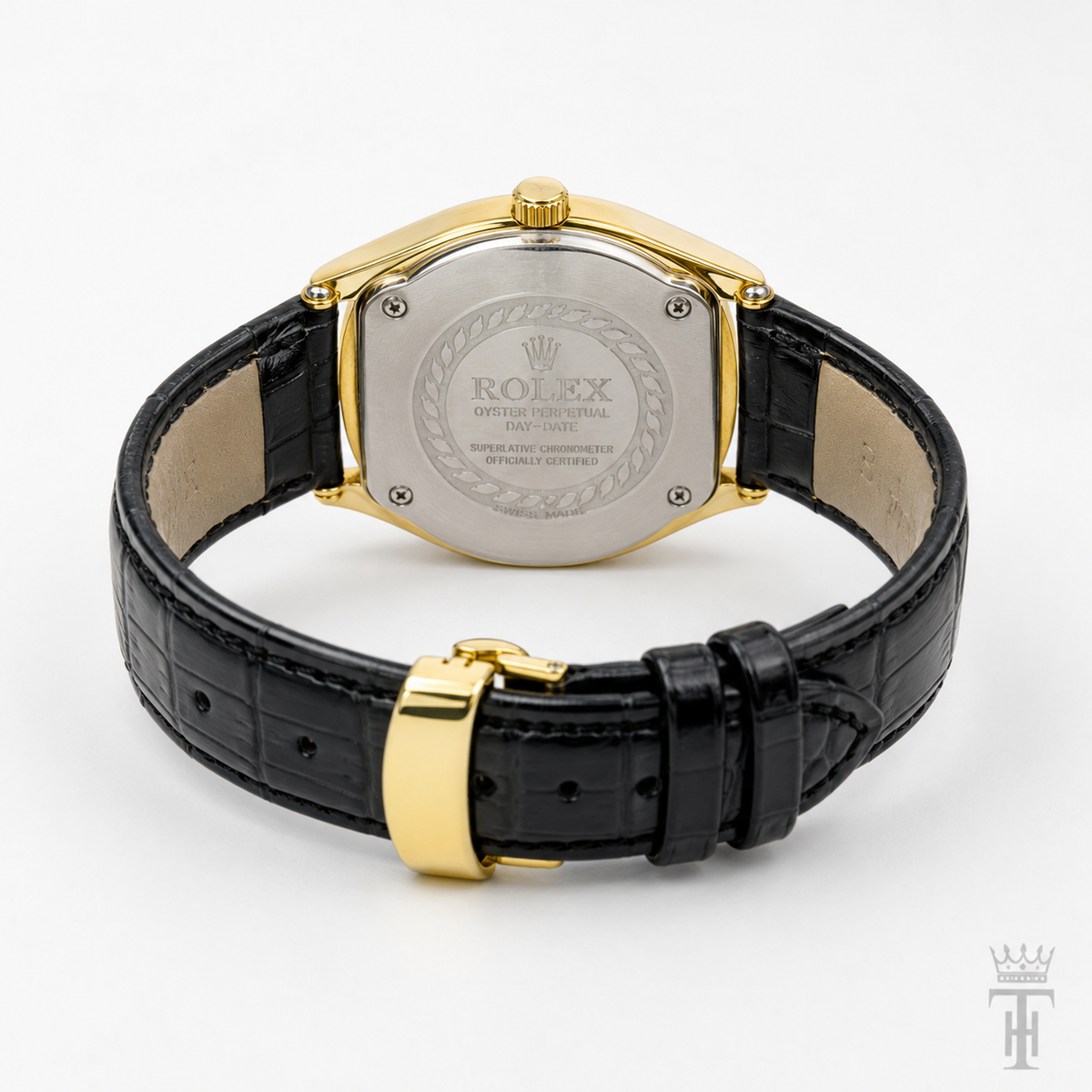 Black Gold Dial Round Leather Rolex Watch
