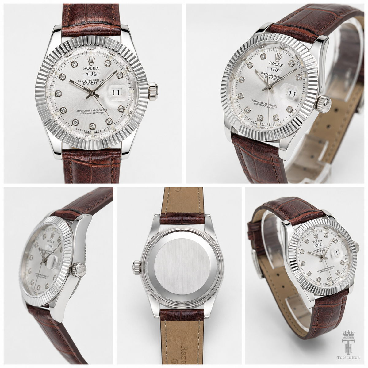 Brown Silver White Day Date Leather Rolex Watch