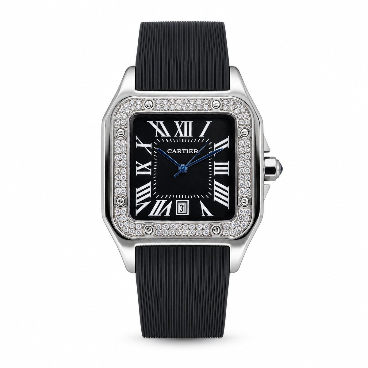 Silver Black Iced Tank Silicon Cartier Watch