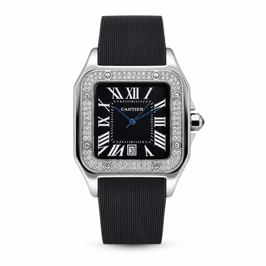 Silver Black Iced Tank Silicon Cartier Watch