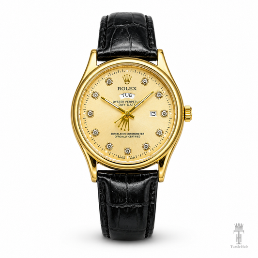 Black Gold Dial Round Leather Rolex Watch