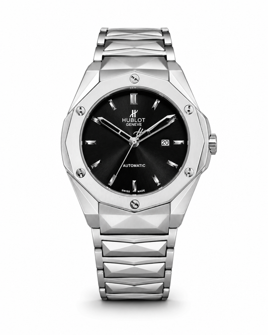 Silver Prism Chain Strapped Black Hublot Watch