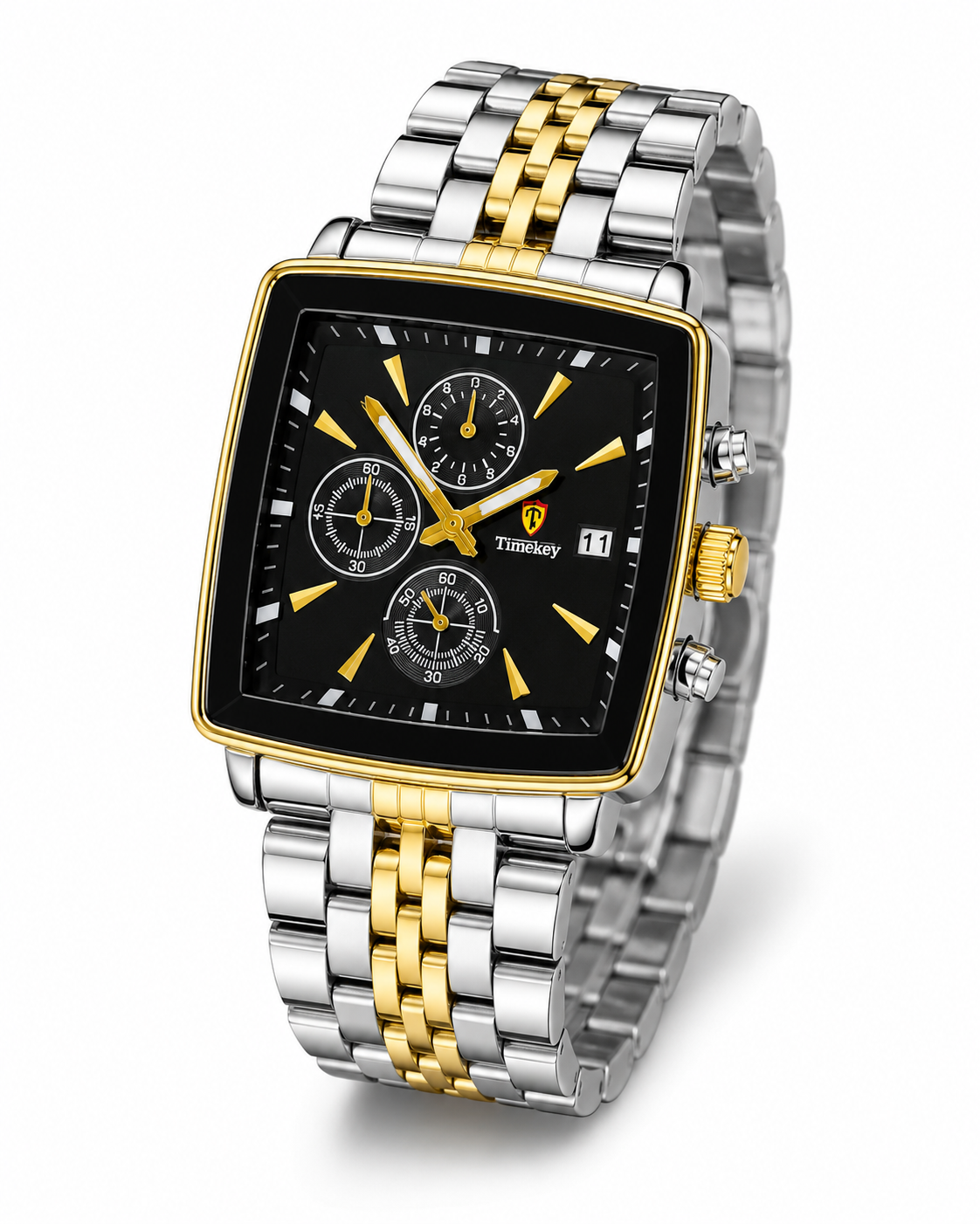 Timekey Two Tone Black Square Chain Chronograph Watch
