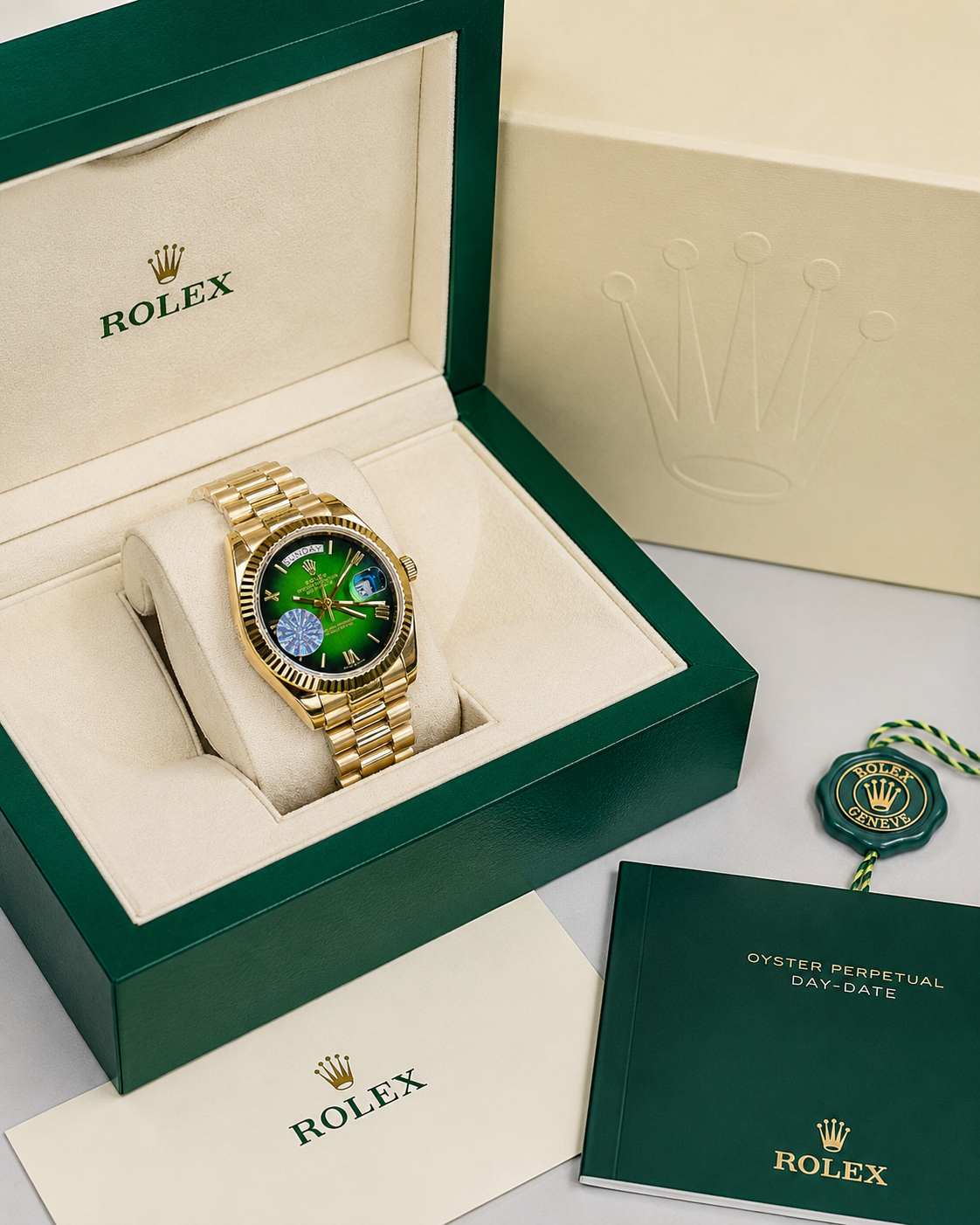 Day Date Gold Emerald Dial Automatic Super Clone Watch