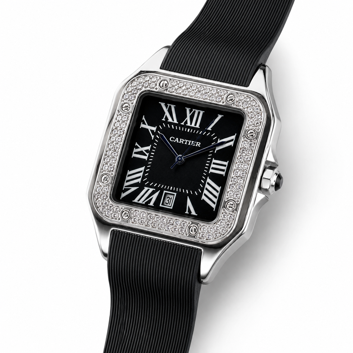 Silver Black Iced Tank Silicon Cartier Watch