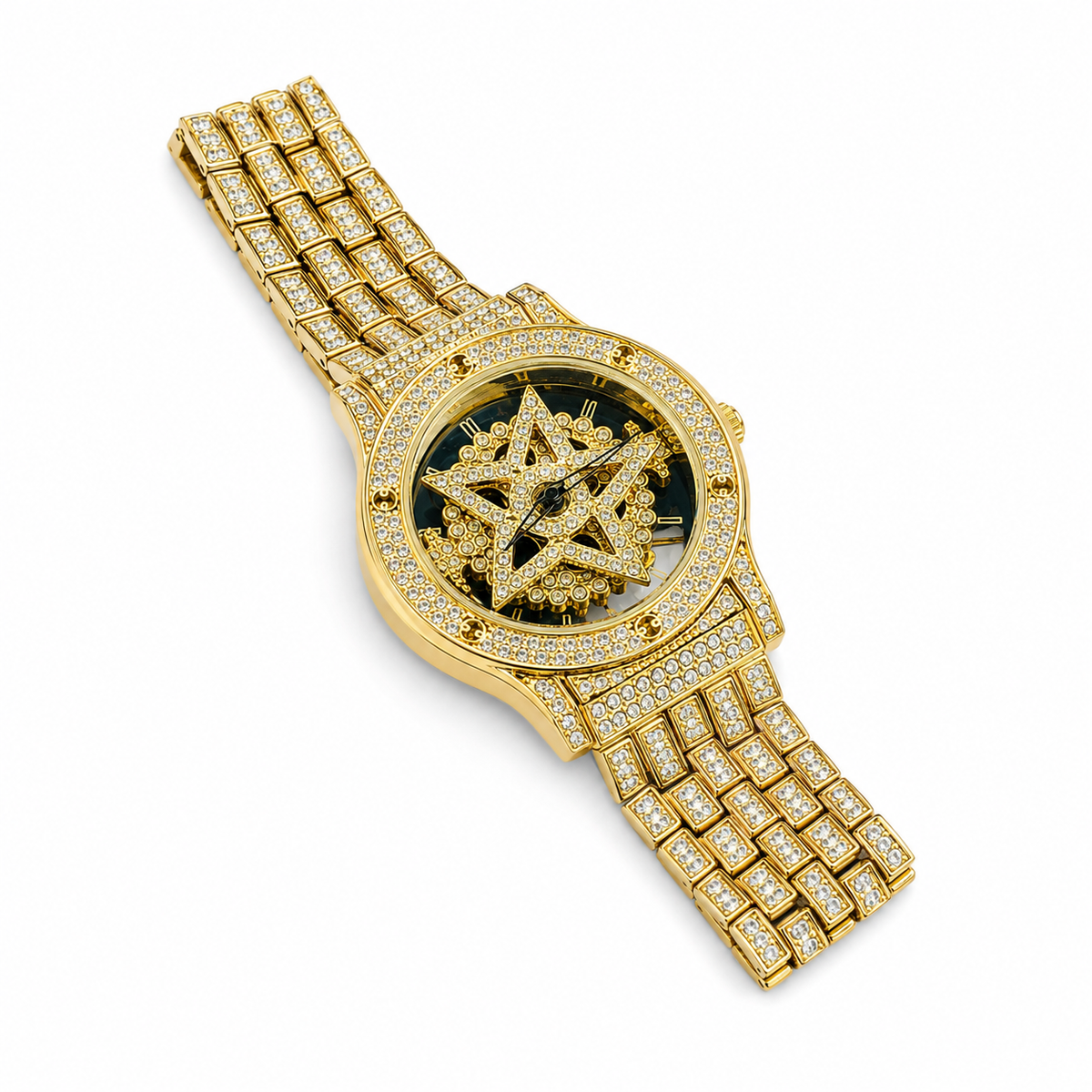 Gold Iced Out Spinner Star Dial Watch