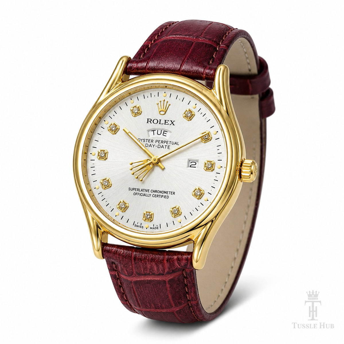 Brown Gold White Round Leather Rolex Watch