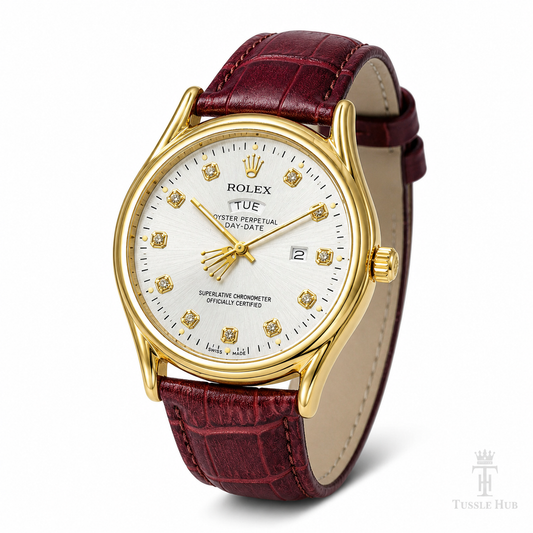 Brown Gold White Round Leather Rolex Watch