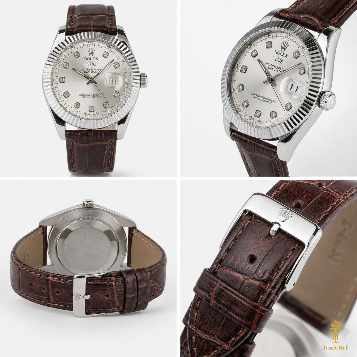 Brown Silver White Day Date Leather Rolex Watch