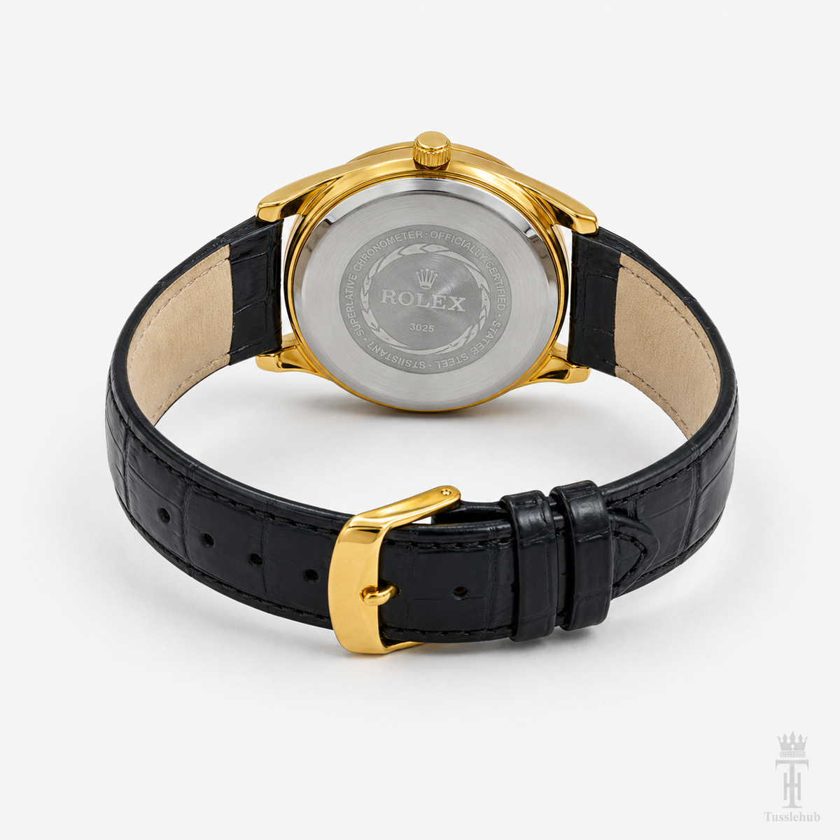 Black Gold Black Round Leather Rolex Watch