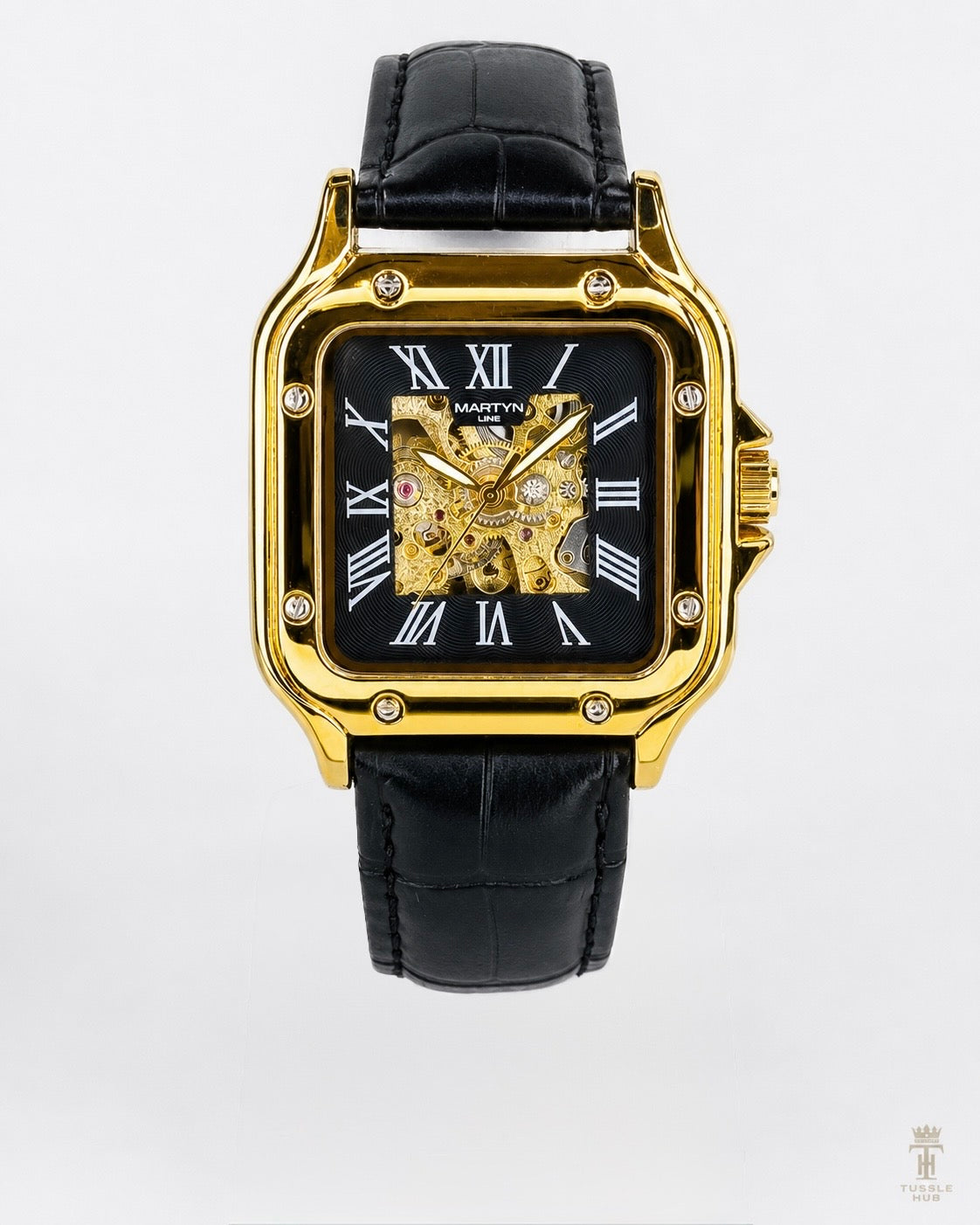 Black Gold White Tank Automatic Skeleton Watch