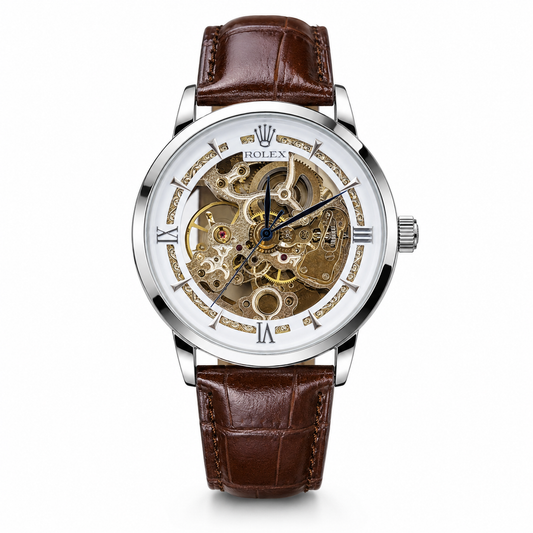 Leather Rol*x Brown White Automatic Skeleton Watch