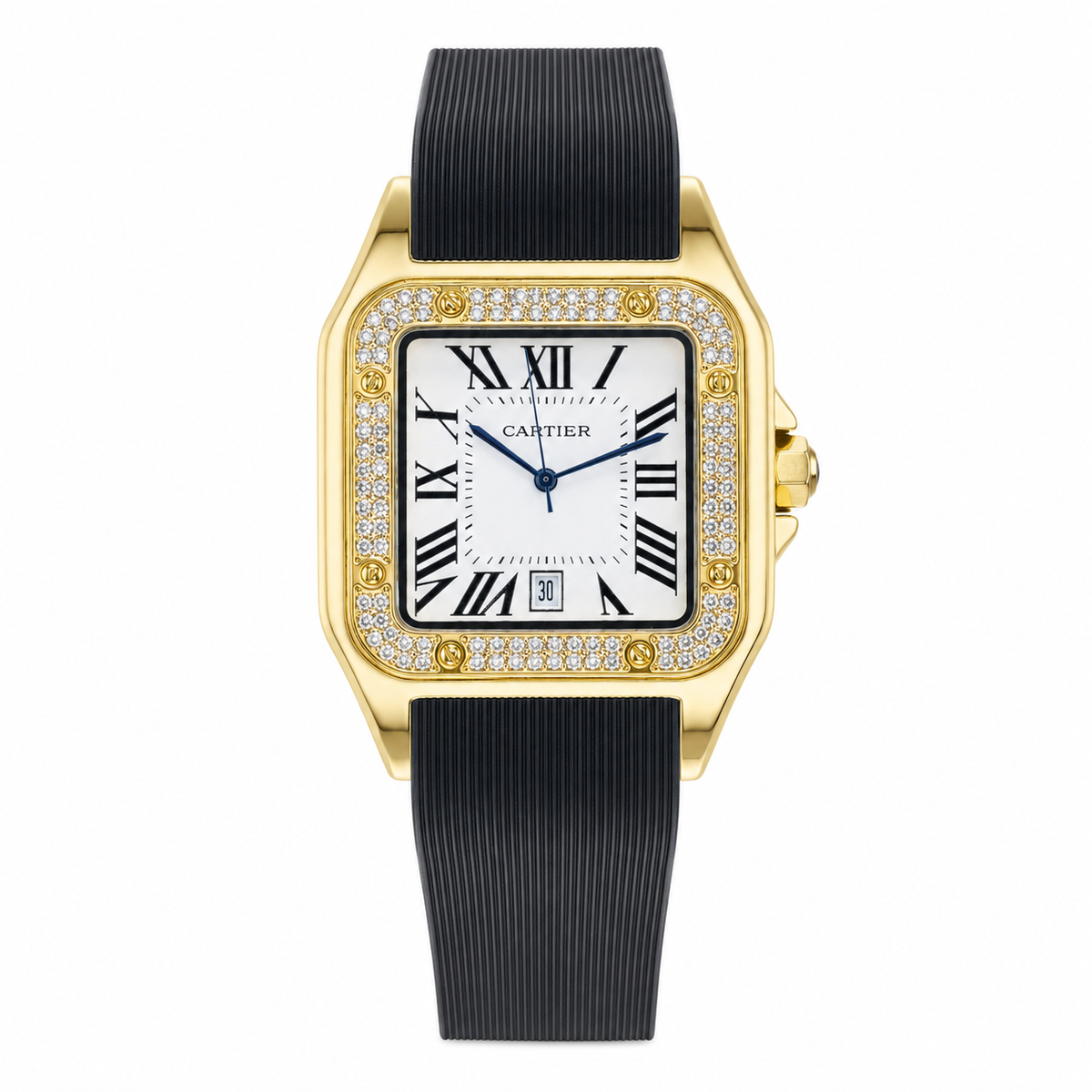 Gold White Iced Tank Silicon Cartier Watch