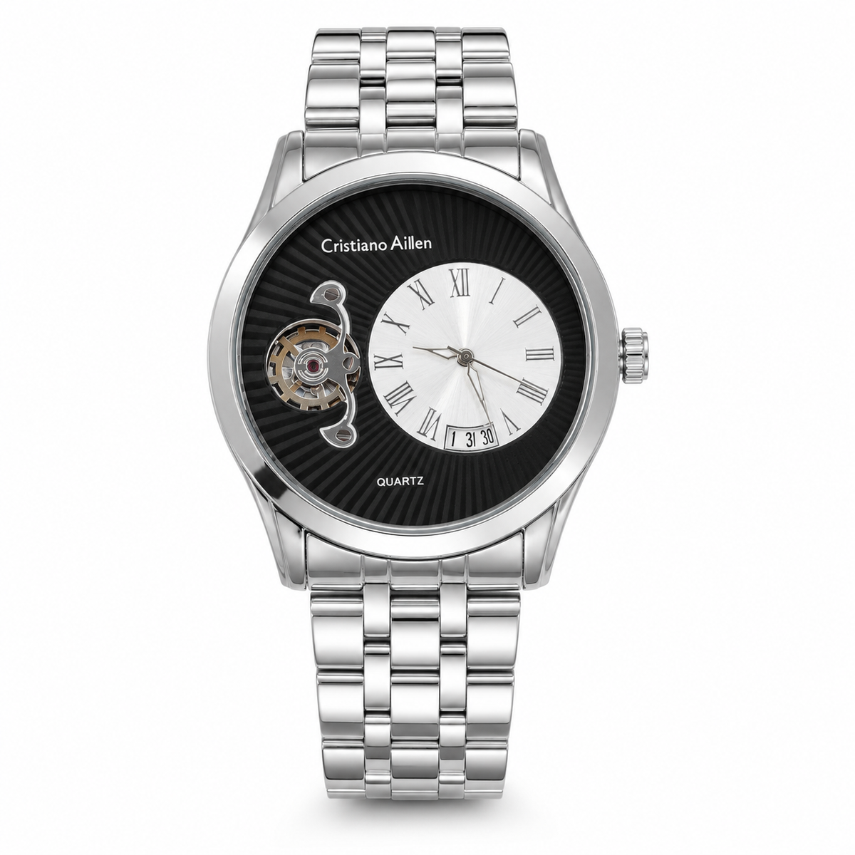 Silver Cristiano Aillen Black Spiral Gear Dial Watch
