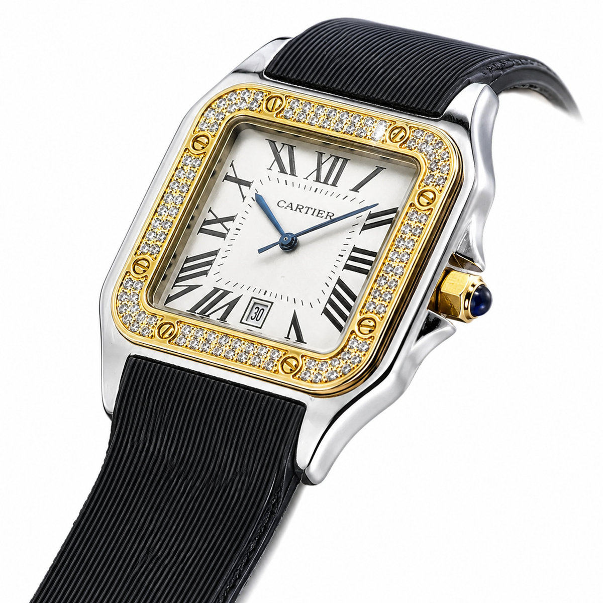Two Tone White Iced Tank Silicon Cartier Watch