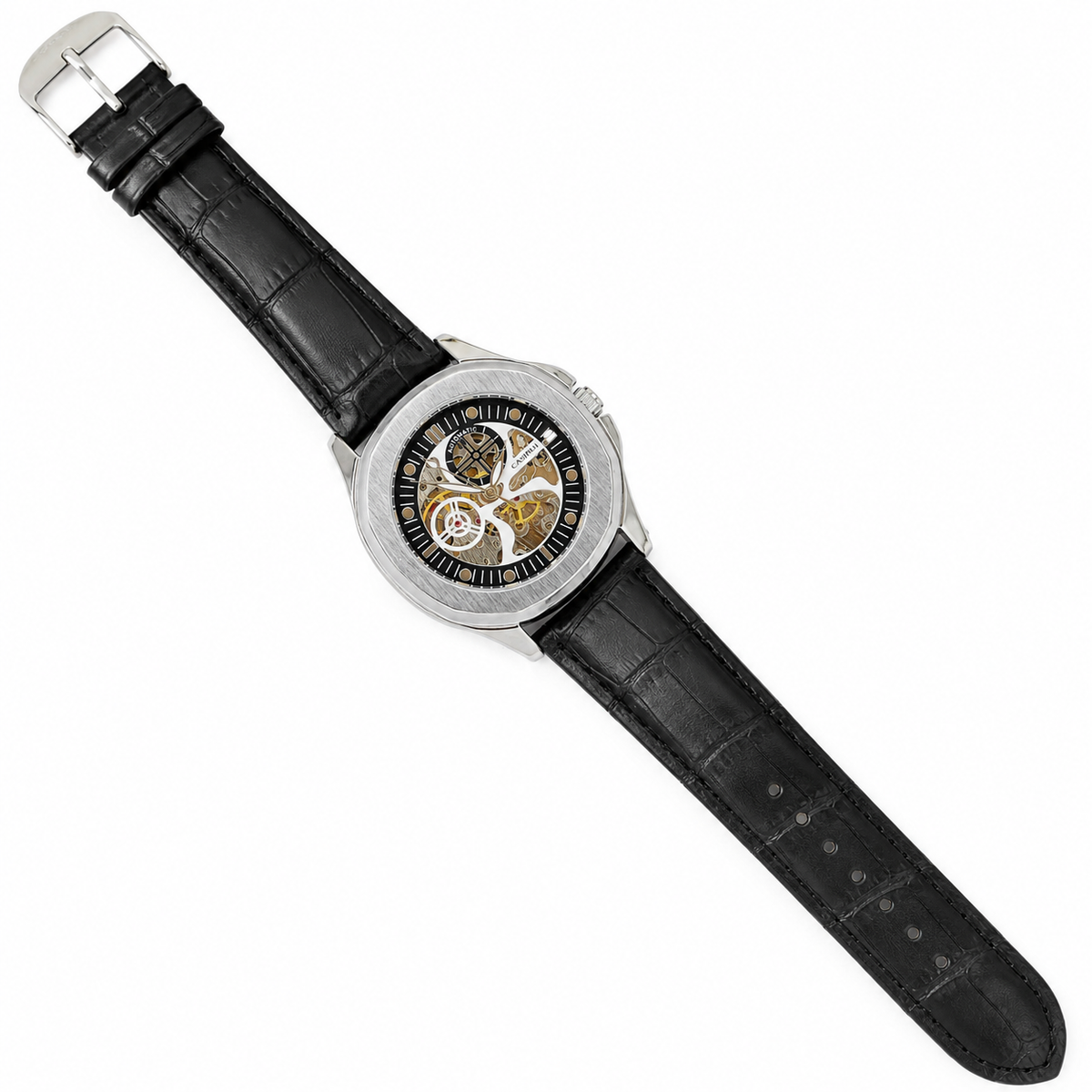 Casirui Black Silver Automatic Skeleton Leather watch
