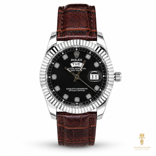 Brown Silver Black Day Date Leather Rolex Watch