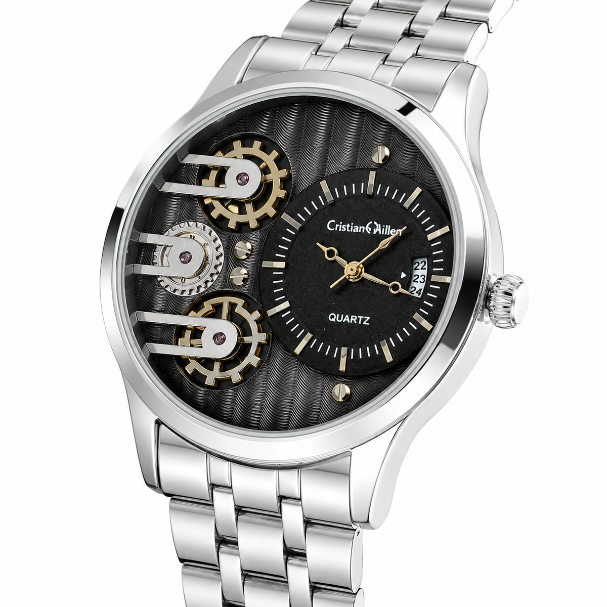 Silver Cristiano Aillen Black Dial Dual Gear Watch