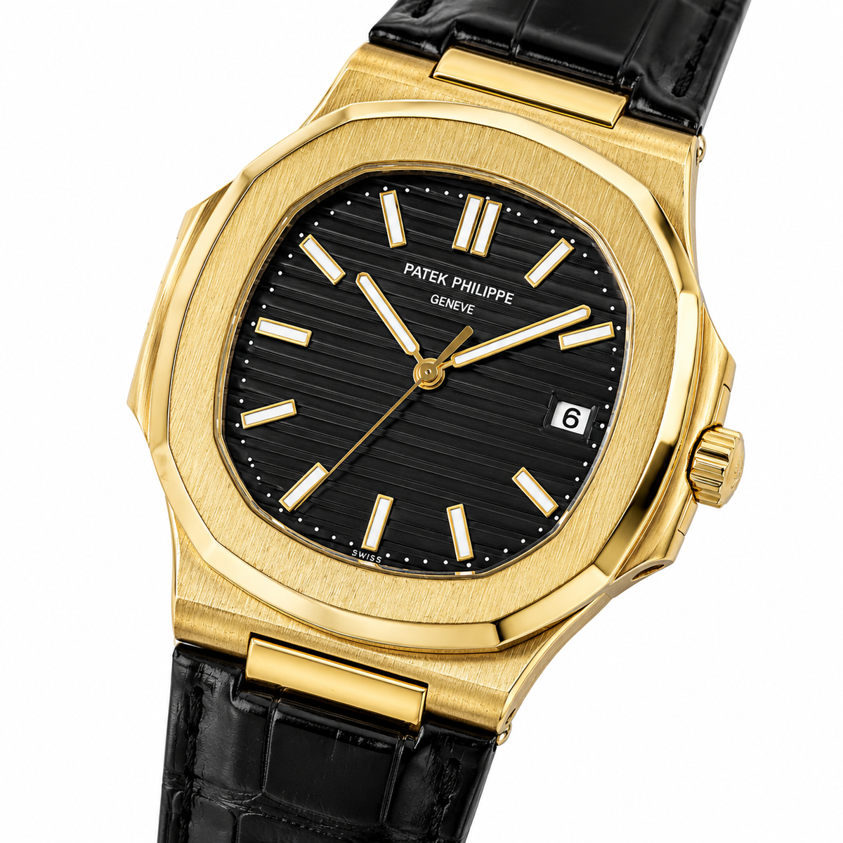 Black Leather Gold Black Dial Nautilus Watch