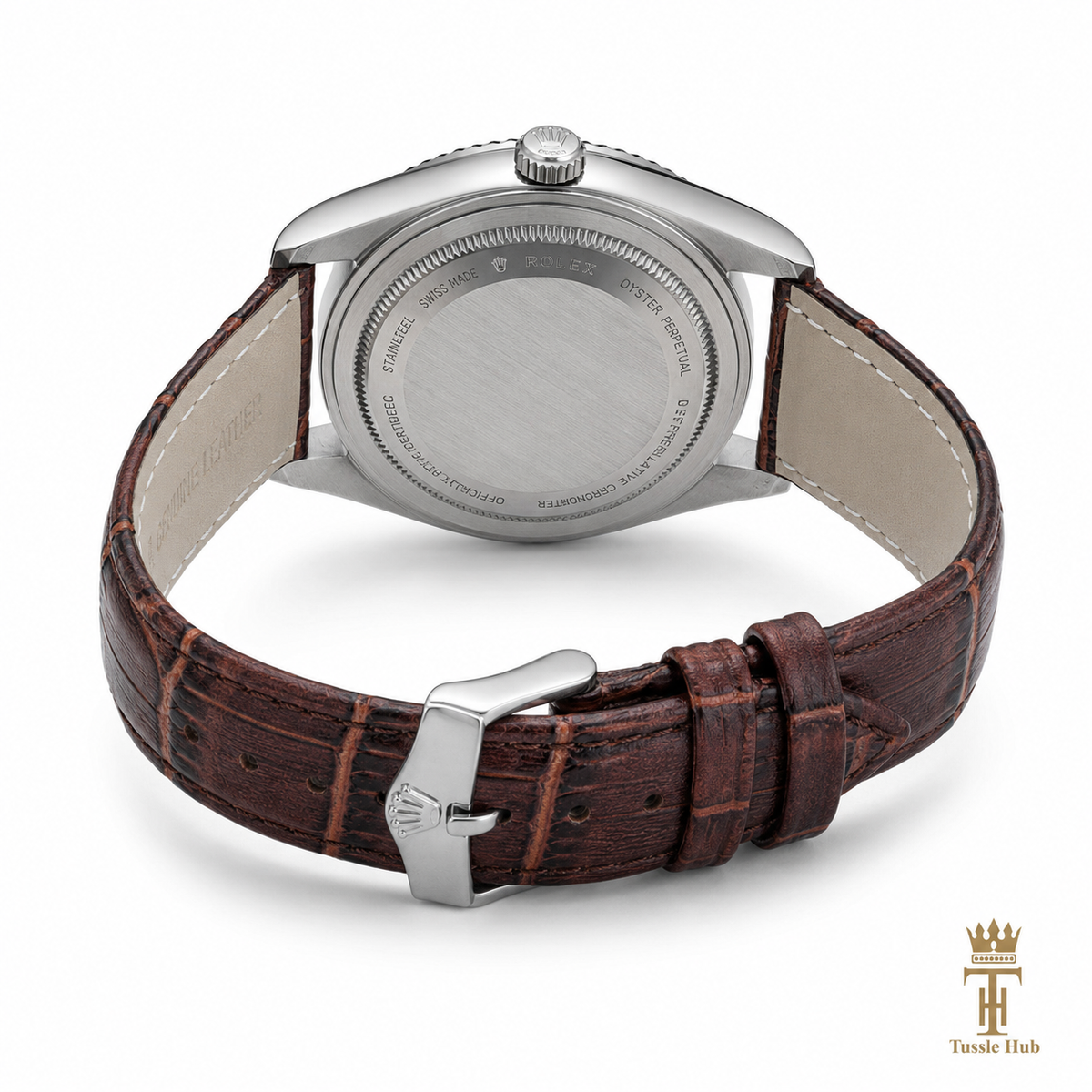 Brown Silver Black Day Date Leather Rolex Watch