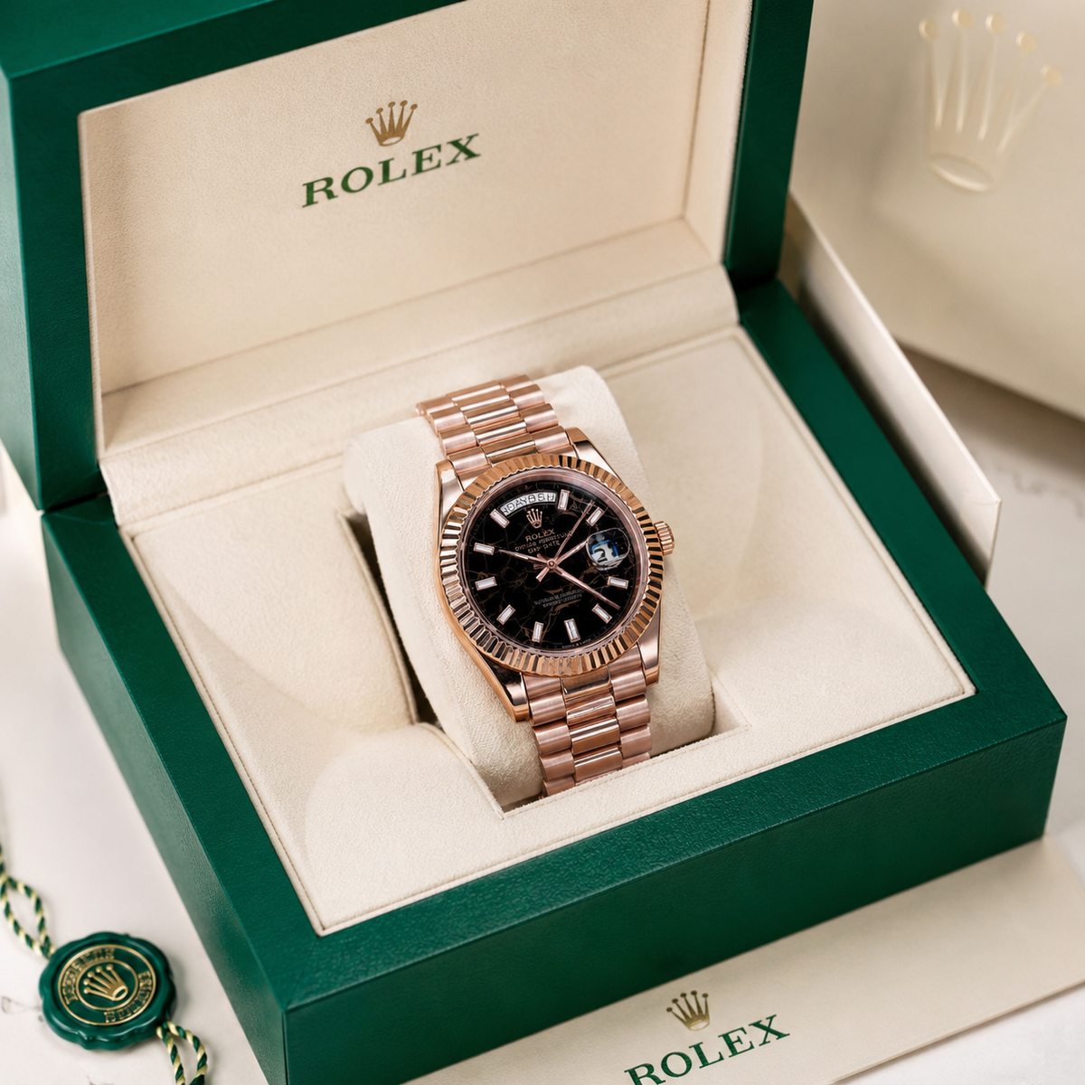 Day Date Rose Gold Black Marble Dial Automatic Super Clone Watch